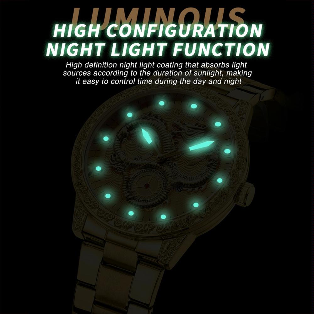 Dragon Embossed Luminous Waterproof Watch - Quartz - Full-Gold Black 9