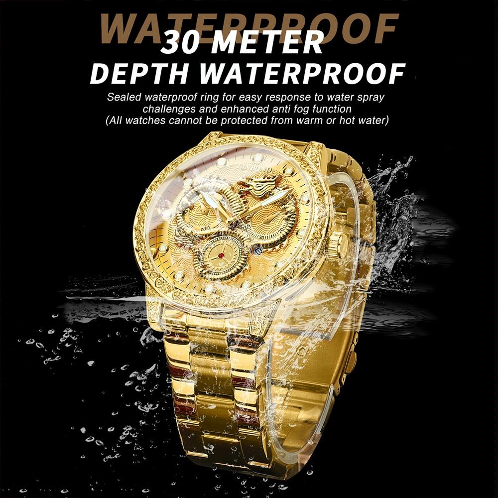Dragon Embossed Luminous Waterproof Watch - Quartz - Full-Gold Black 10