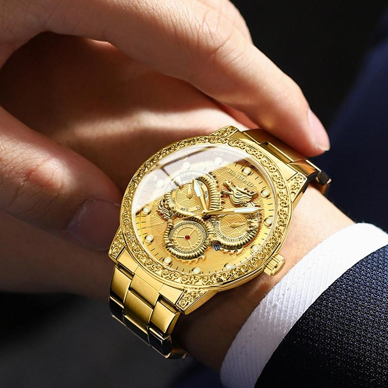 Dragon Embossed Luminous Waterproof Watch - Quartz - Full-Gold Black 11