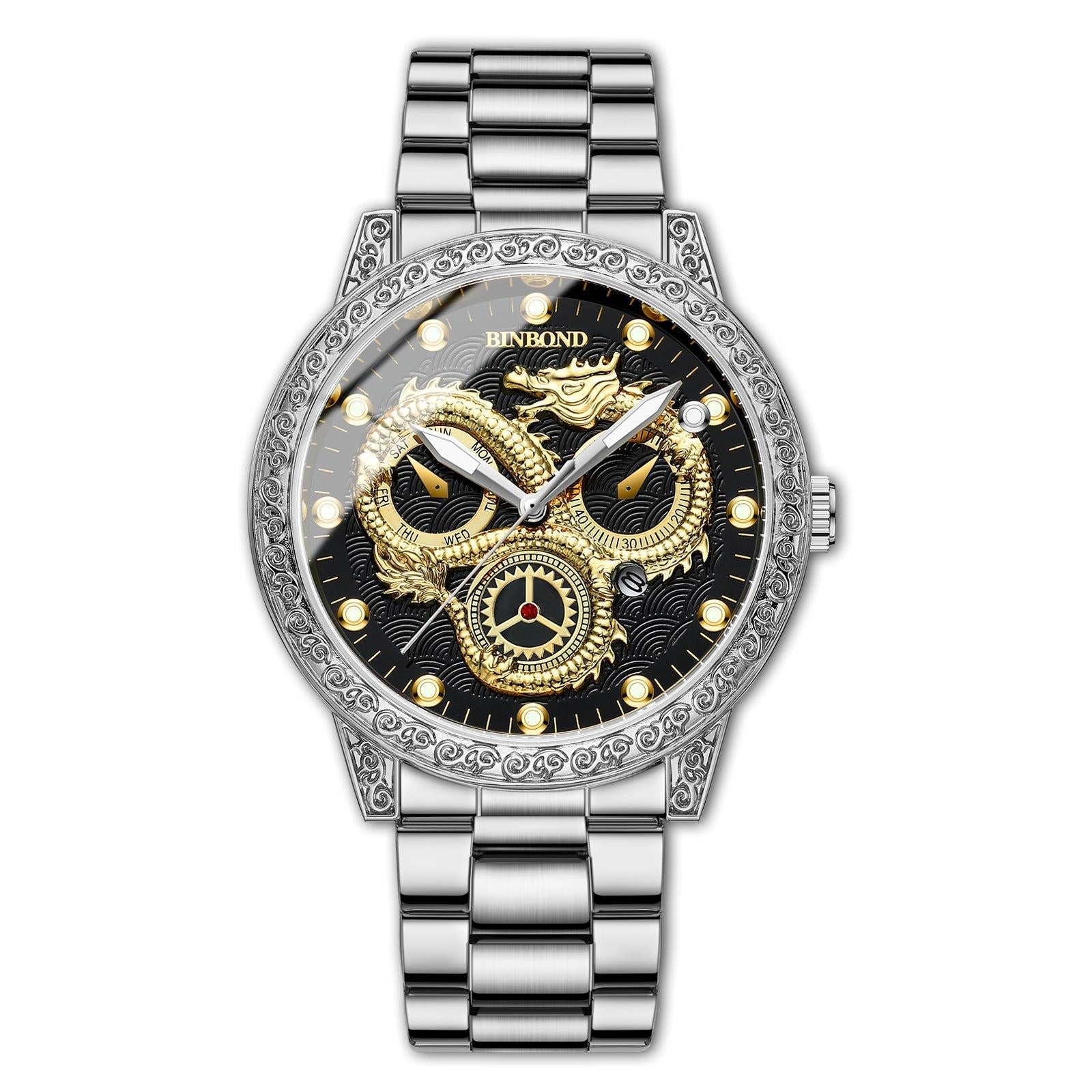 Dragon Embossed Luminous Waterproof Watch - Quartz - Full-Gold Black 12
