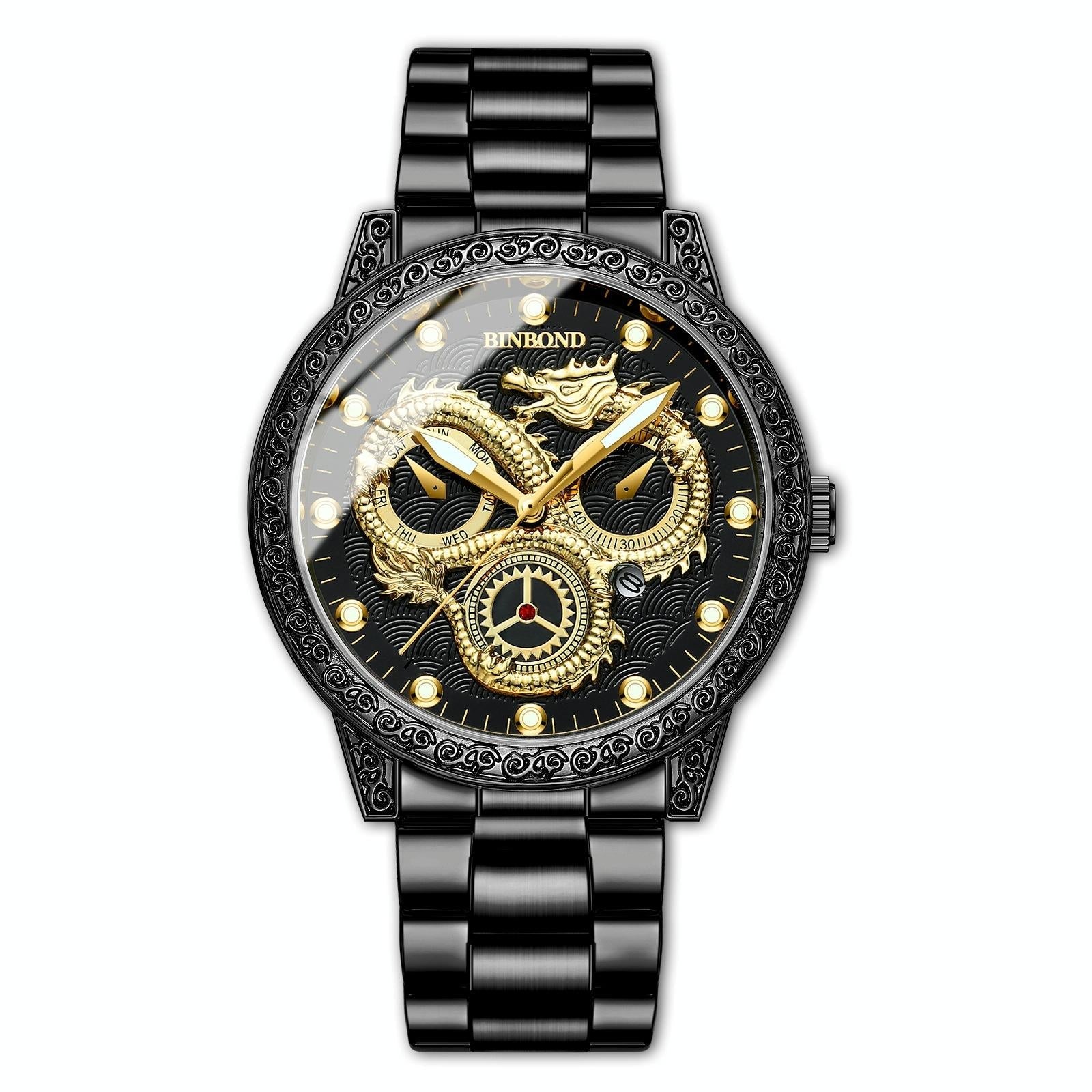 Dragon Embossed Luminous Waterproof Watch - Quartz - Full-Gold Black 13