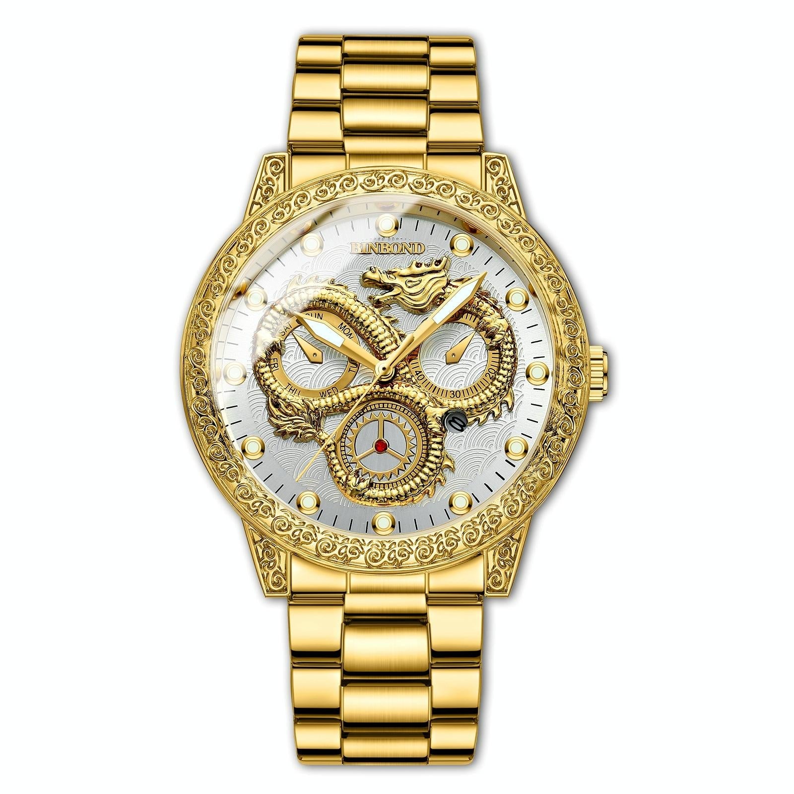 Dragon Embossed Luminous Waterproof Watch - Quartz - Full-Gold Black 14