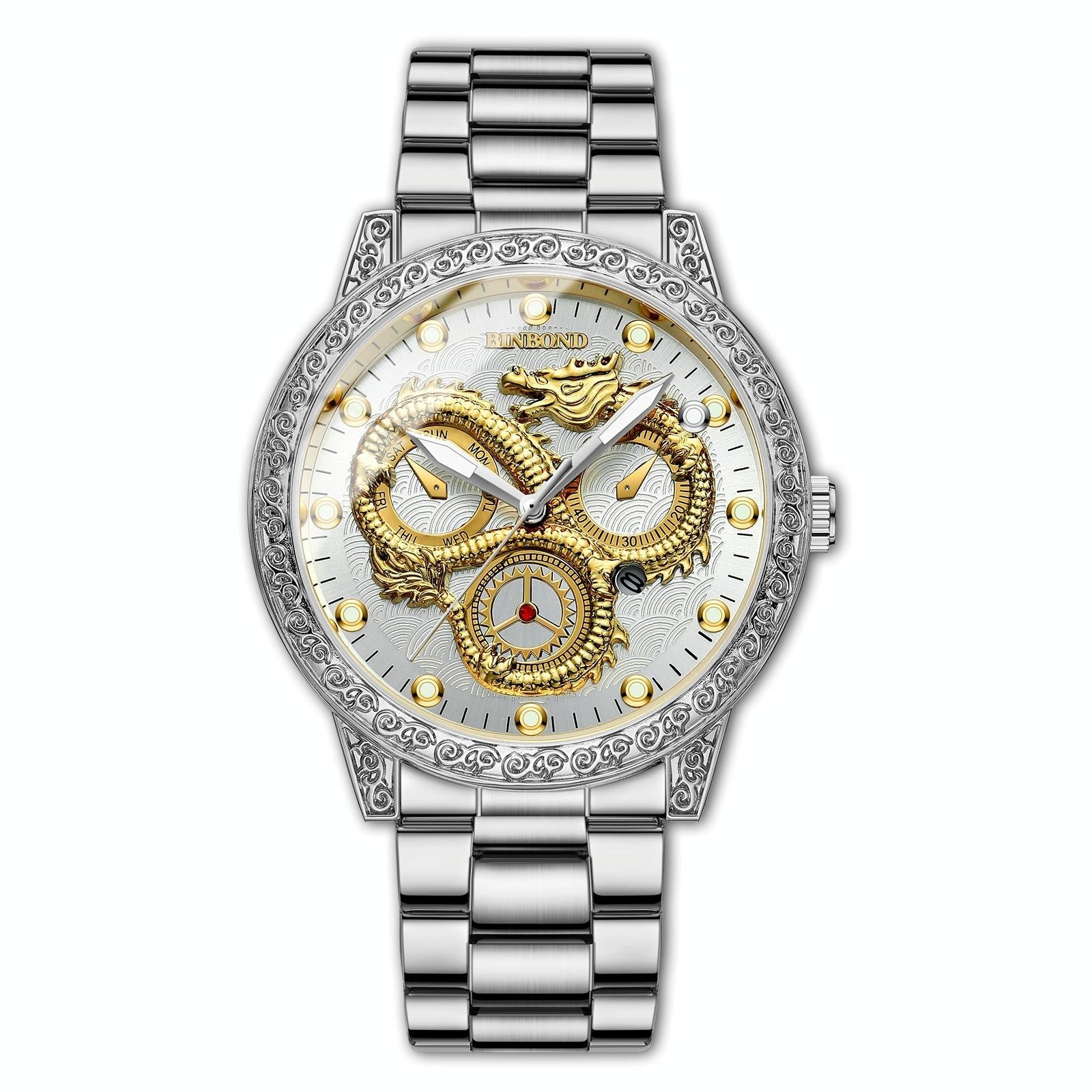 Dragon Embossed Luminous Waterproof Watch - Quartz - Full-Gold Black 15