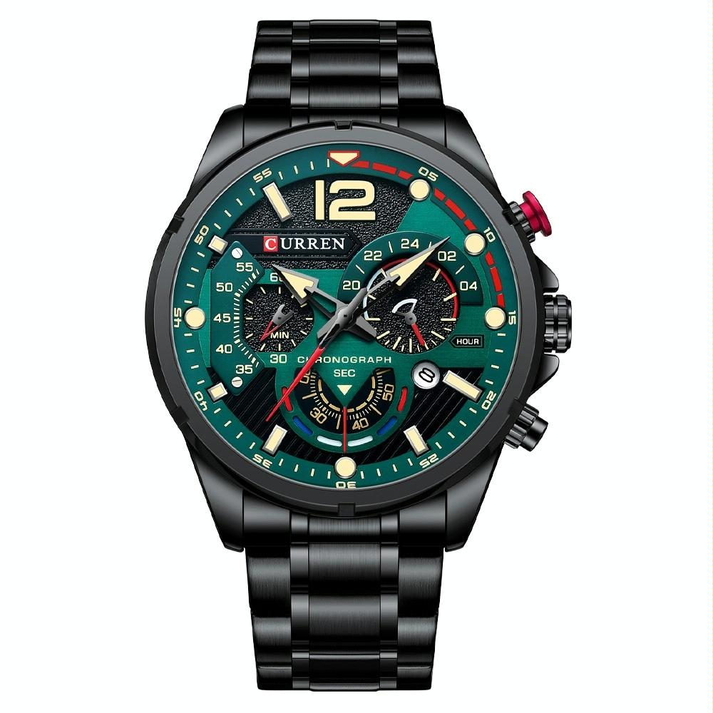 Men Quartz Watch with Six-hand Steel Strap and Calendar - Golden Shell Black 8
