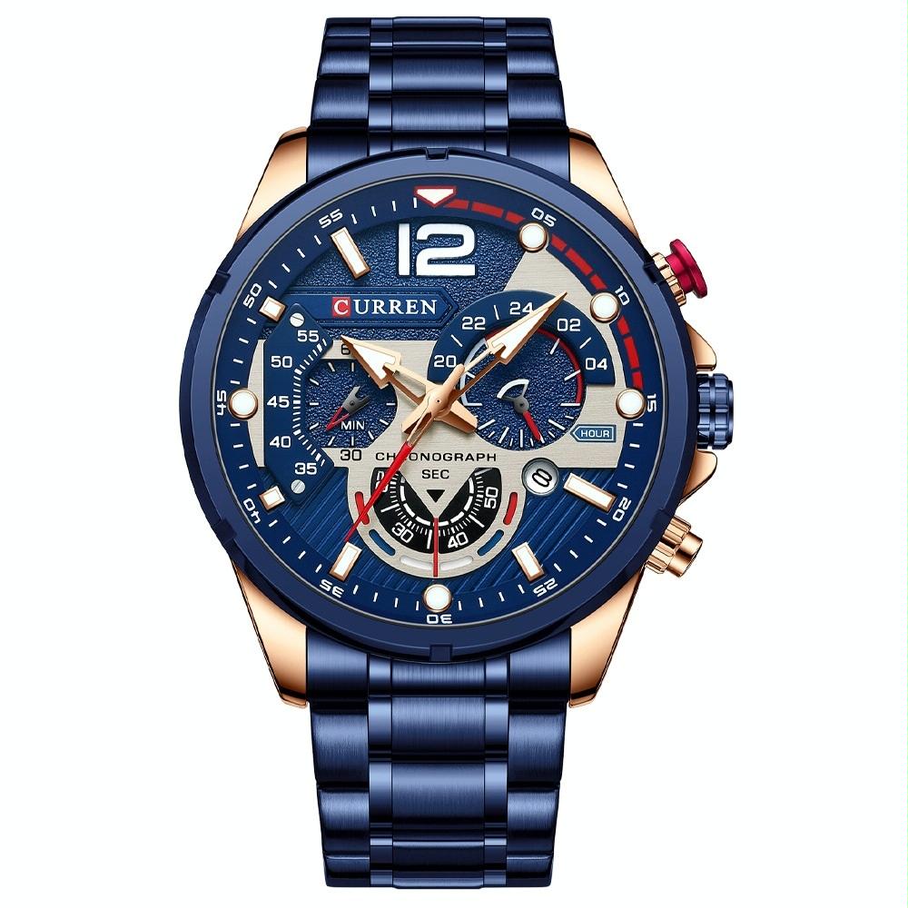 Men Quartz Watch with Six-hand Steel Strap and Calendar - Golden Shell Black 11