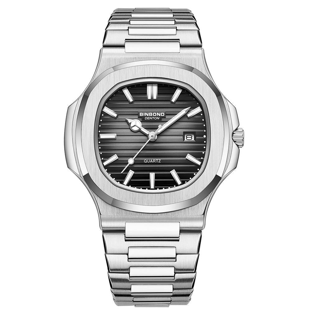 Retro Luminous Square Men Quartz Watch - 30m Waterproof - White Steel-Black