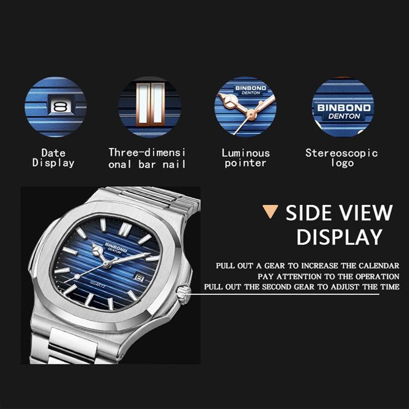 Retro Luminous Square Men Quartz Watch - 30m Waterproof - White Steel-Black 8