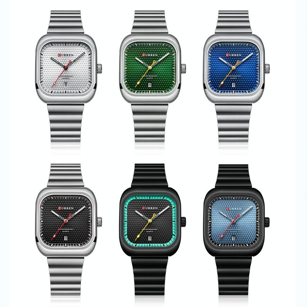 Men Square Steel Strap Quartz Watch - Casual Style - Black Shell Blue