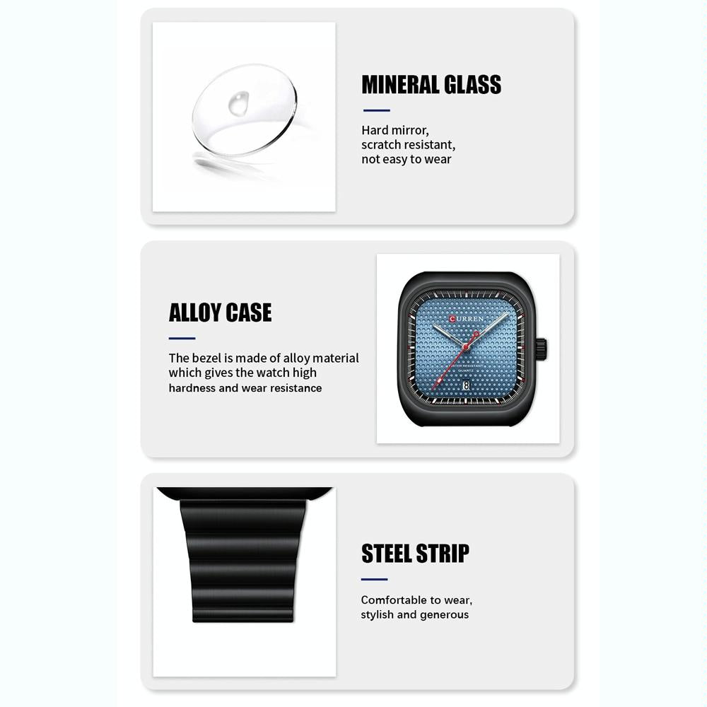 Men Square Steel Strap Quartz Watch - Casual Style - Black Shell Blue 3