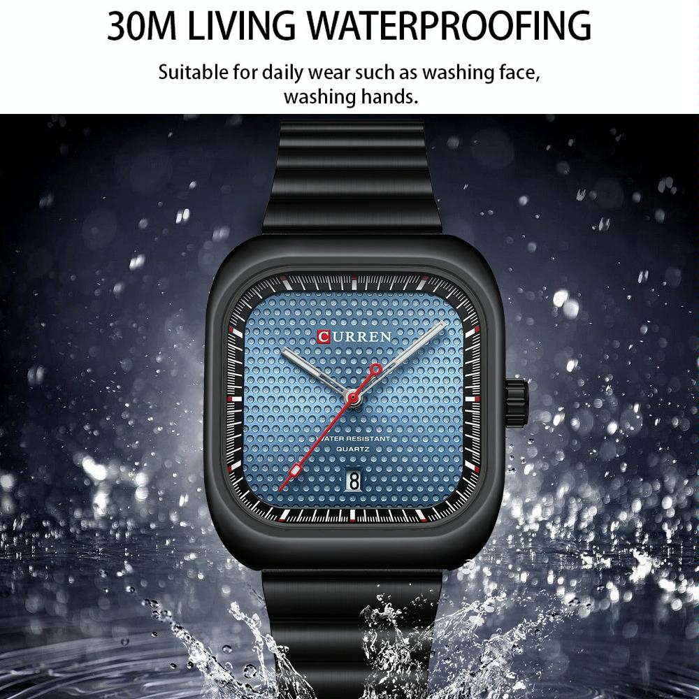 Men Square Steel Strap Quartz Watch - Casual Style - Black Shell Blue 4