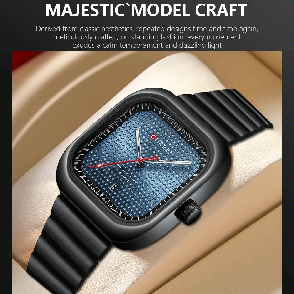 Men Square Steel Strap Quartz Watch - Casual Style - Black Shell Blue 6
