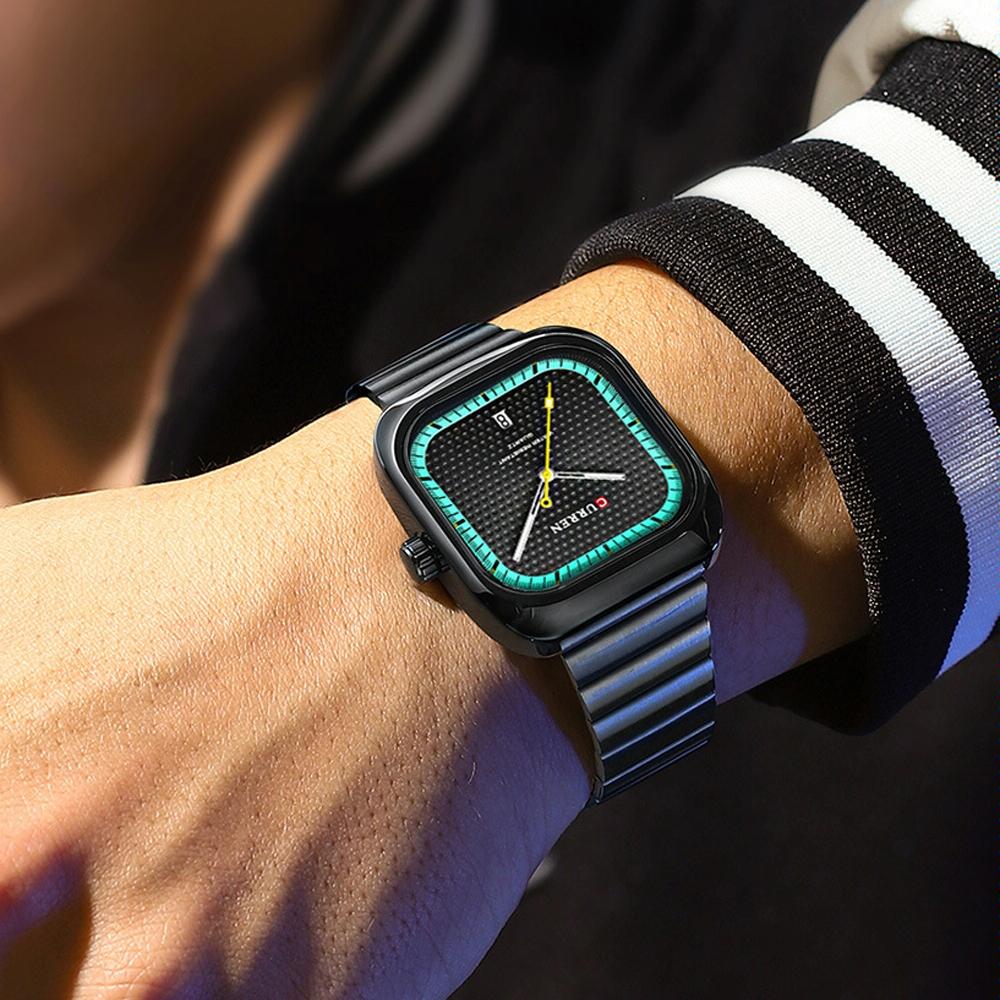 Men Square Steel Strap Quartz Watch - Casual Style - Black Shell Blue 7