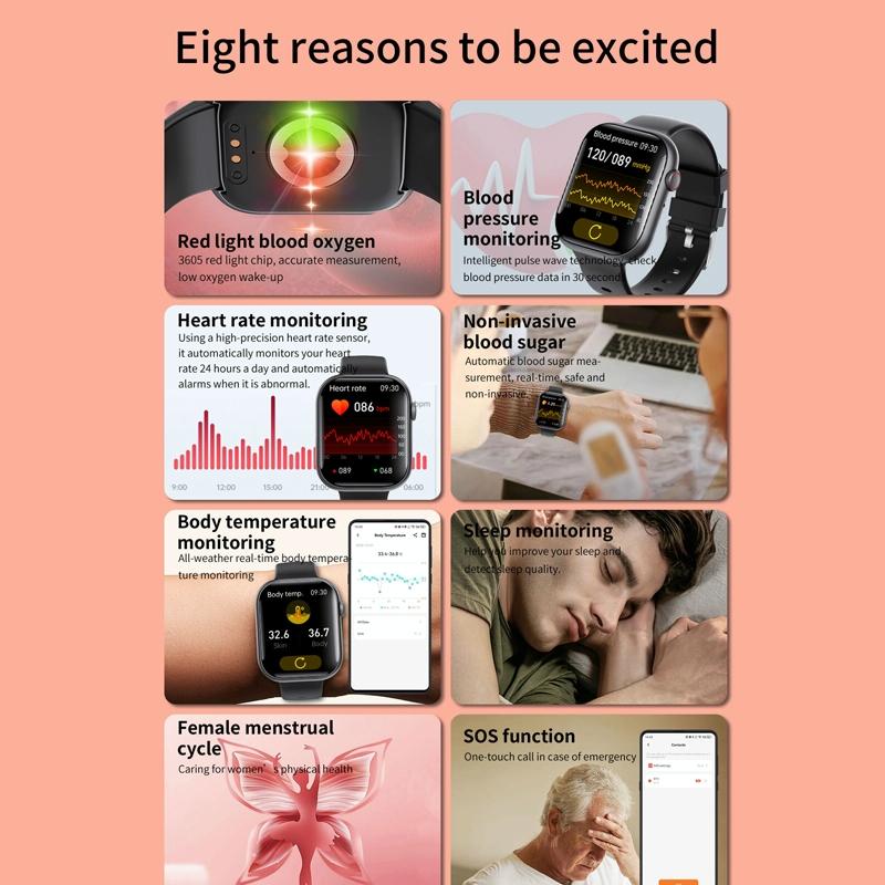 2.1 Inch Screen Smart Watch With Blood Sugar / Blood Oxygen Monitoring / Sos Alarm / 100+ Sports Modes - Black 3-Bead Steel - Black Pink 9