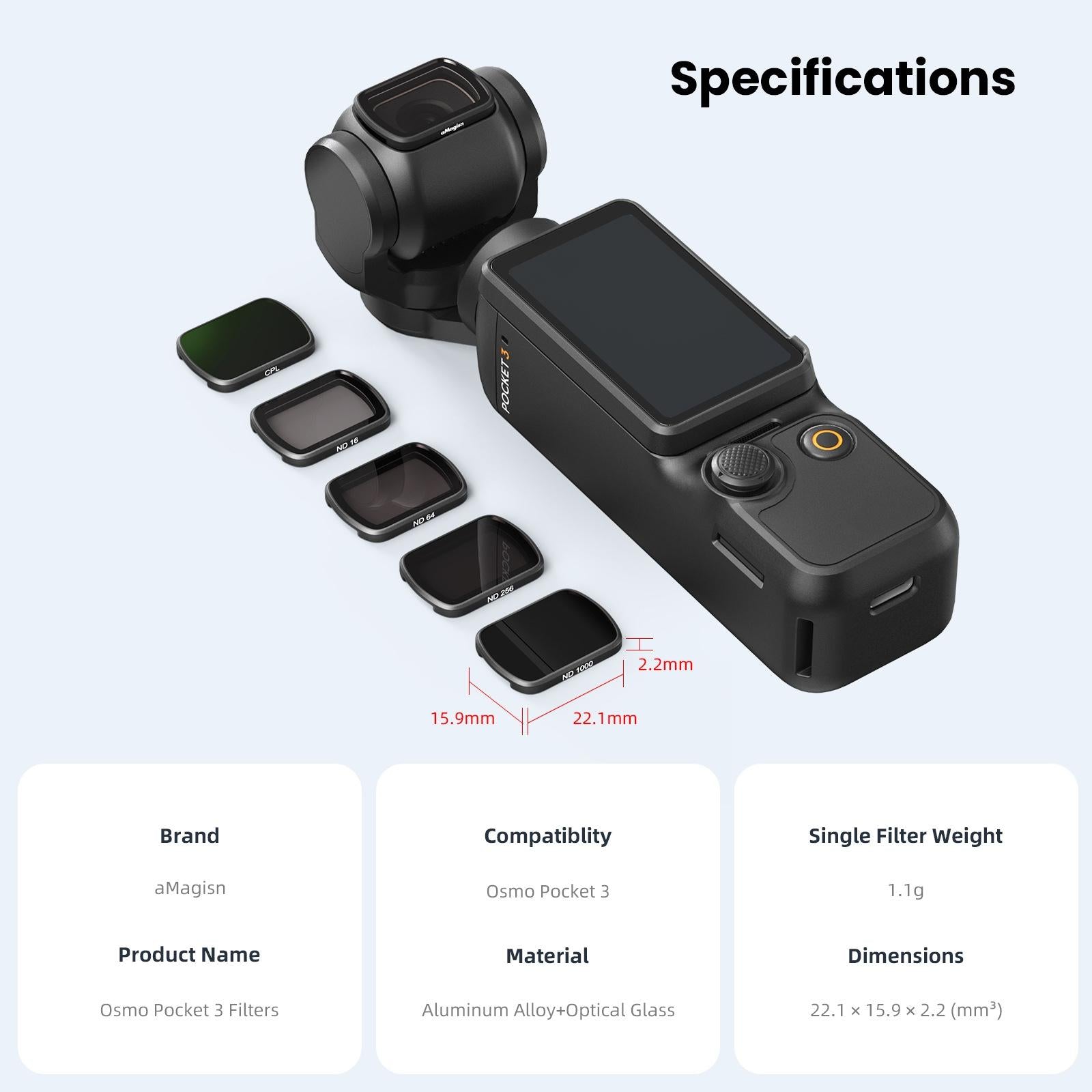 Double-sided Coated Filters for Dji Pocket 3 with Protective Goggles and Cpl Style - Nd16+Nd64+Nd256 + Cpl 8