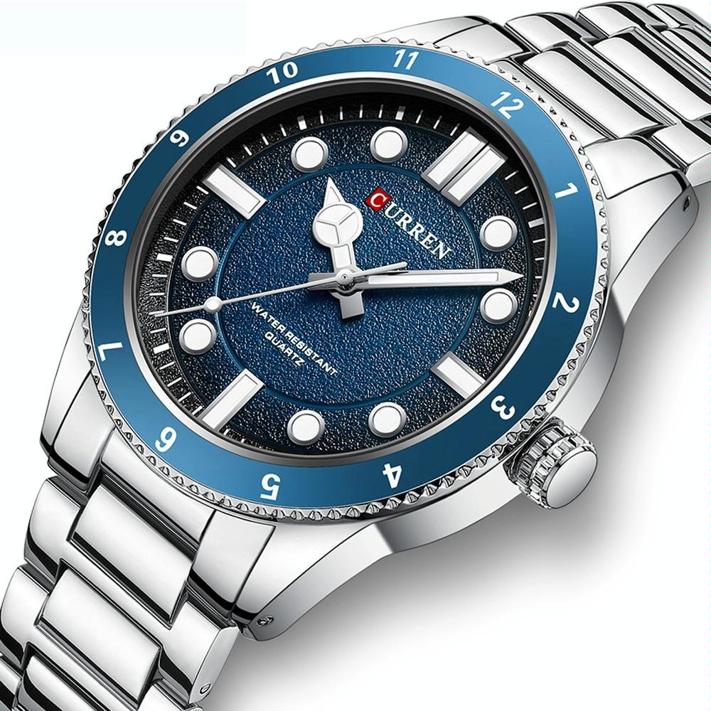 Men Steel Strap Business Quartz Watch - Sporty Design - White Shell Blue 3