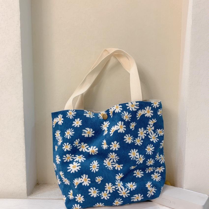 Large Capacity Corduroy Tote Bag with Floral Design - Yellow Daisy 7
