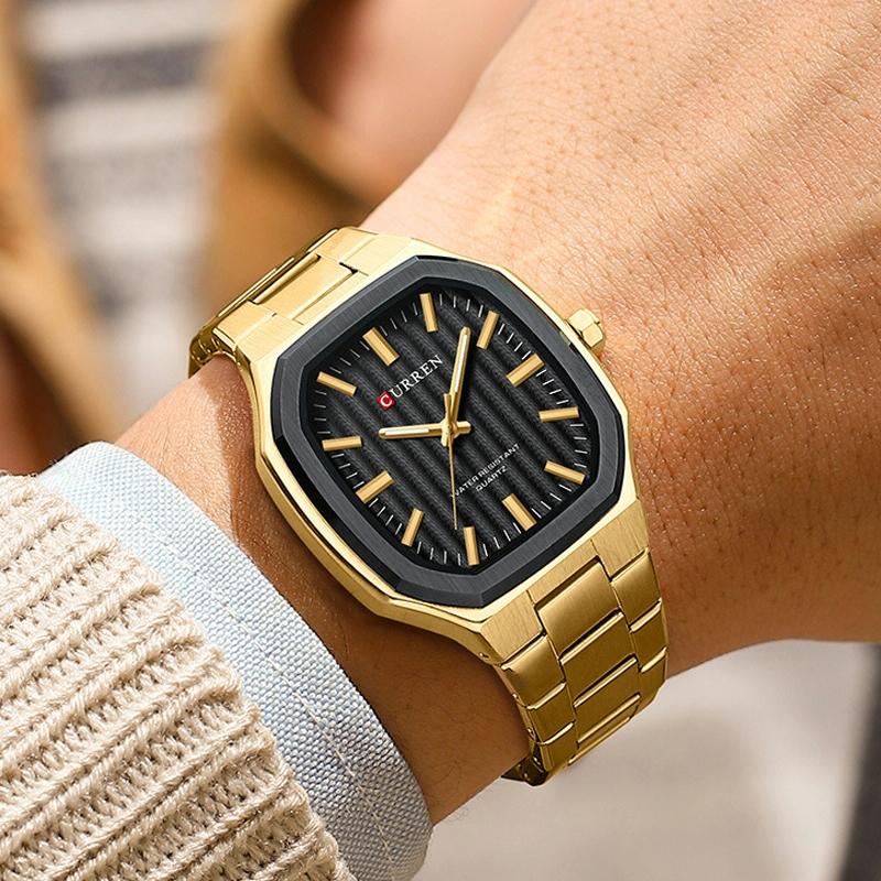 Men Quartz Watch with Steel Strap for Business - White Shell Golden Circle White Surface 8