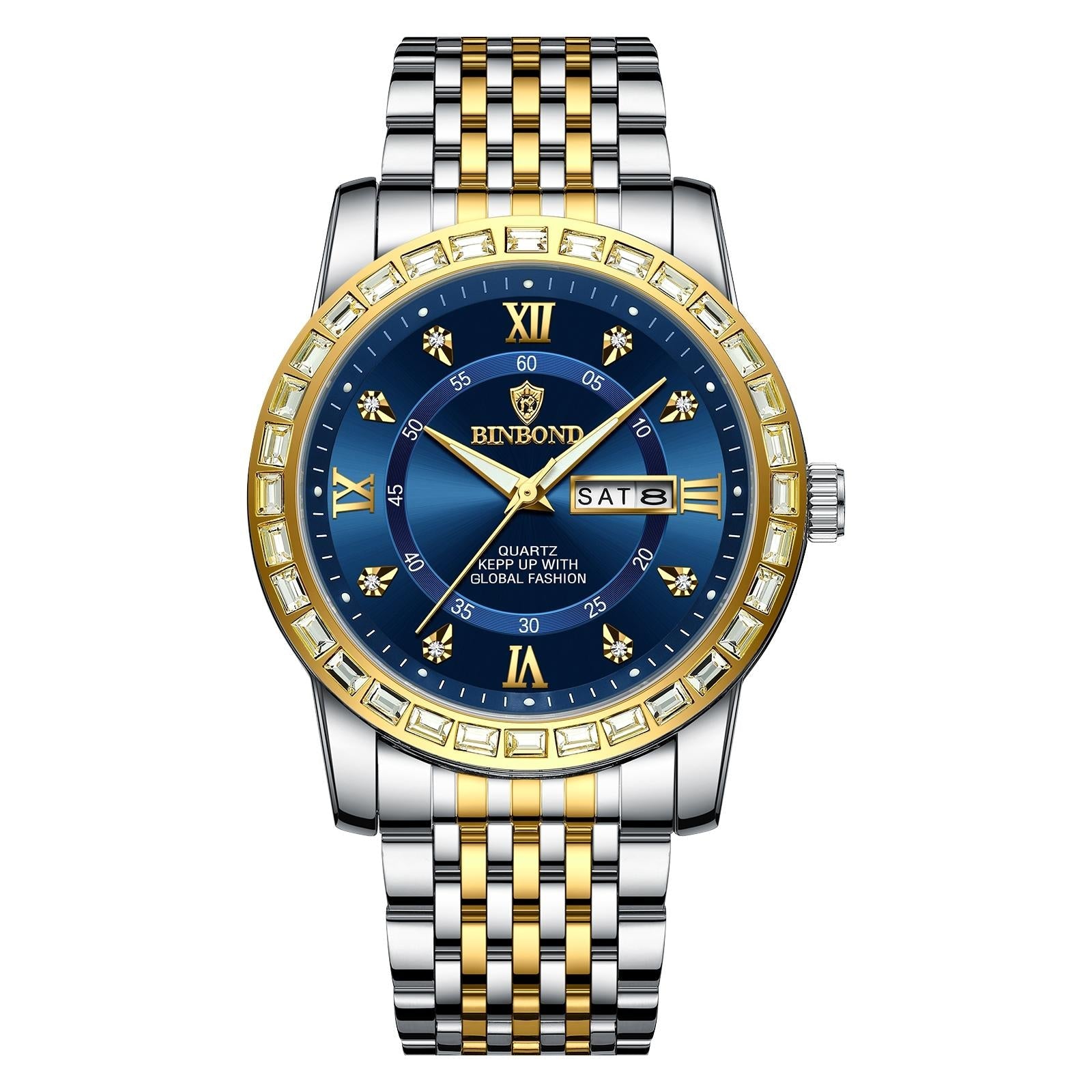 Diamond Dual-calendar Luminous Quartz Watch - B2202 - Inter-Gold-Green 12