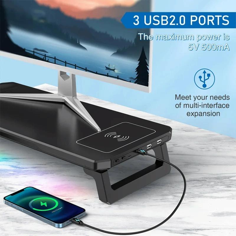 Usb Monitor Stand Riser with Type-c Ports - Wireless Charging  Black 4