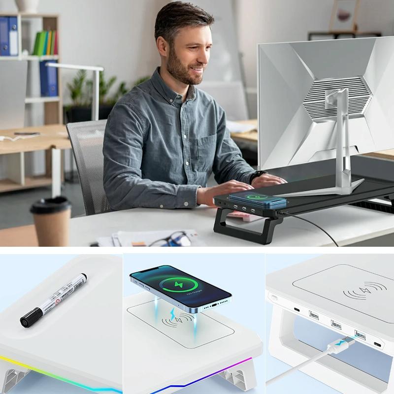 Usb Monitor Stand Riser with Type-c Ports - Wireless Charging  Black 8