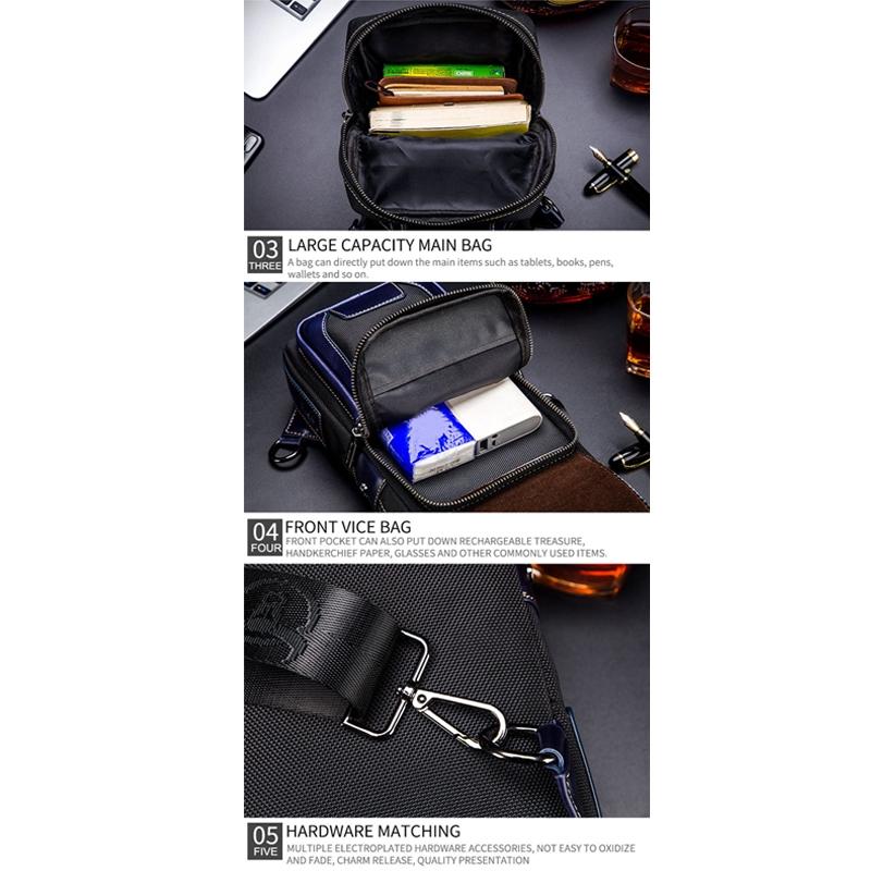 Blue Black Leather Men Chest Bag Casual Shoulder Bag 7