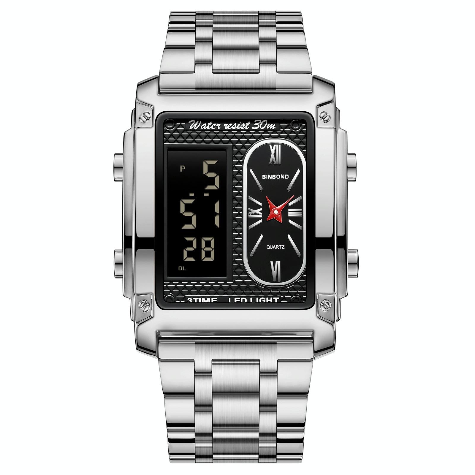 Waterproof Men Led Quartz Watch - Multifunctional Luminous - White Steel-Black