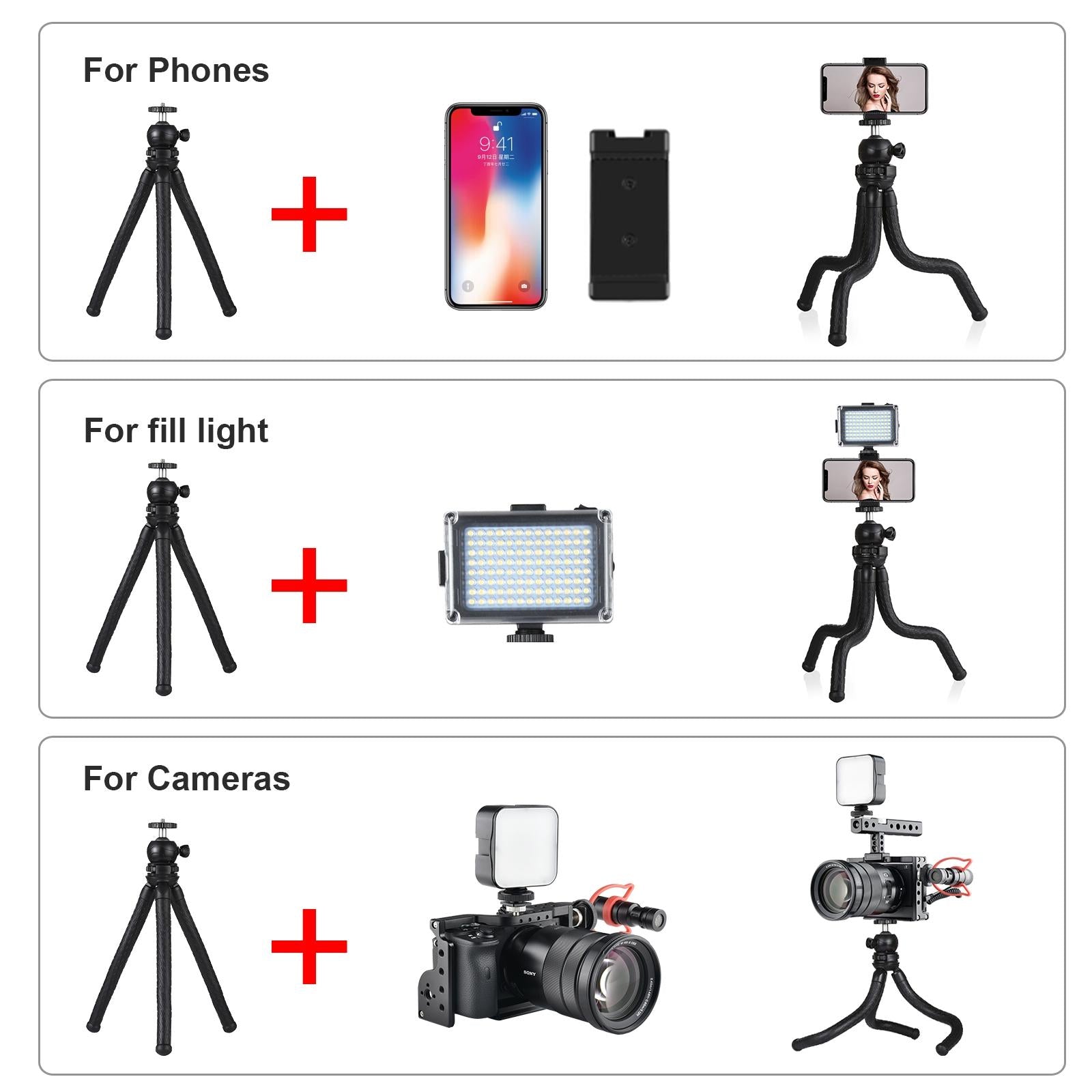 Flexible Mini Octopus Tripod with Ball Head and Phone Clamp for Slr Cameras Gopro and Cellphones 5