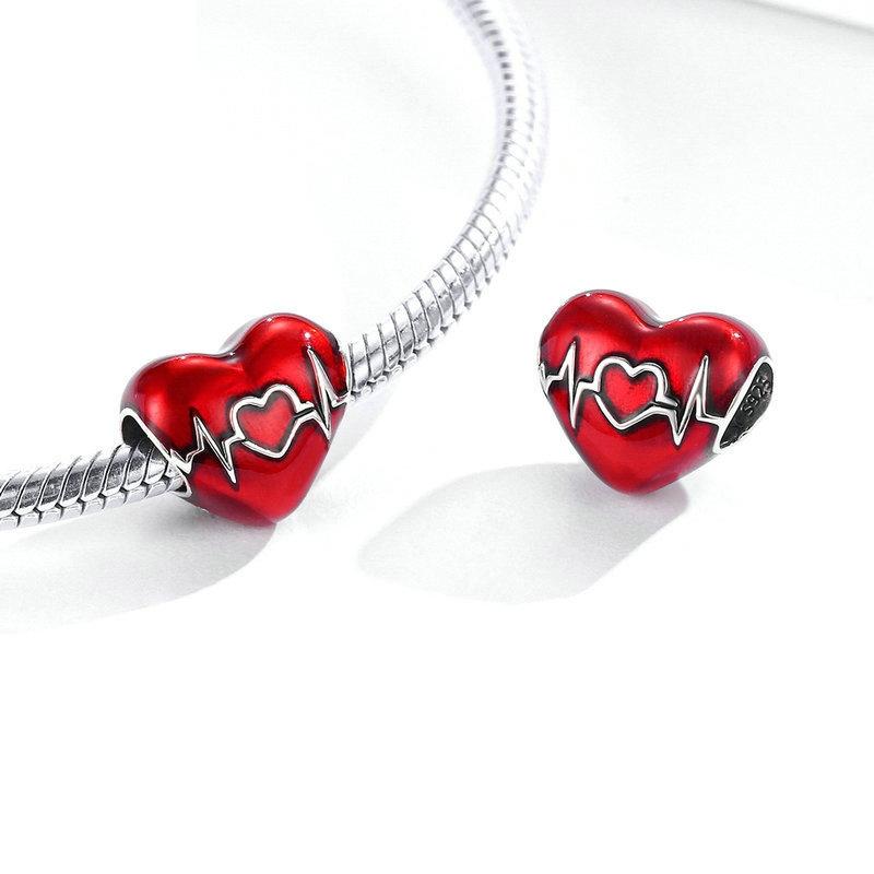 925 Sterling Silver Love Heartbeat Red Heart Pendant For Diy Bracelets & Necklaces 4