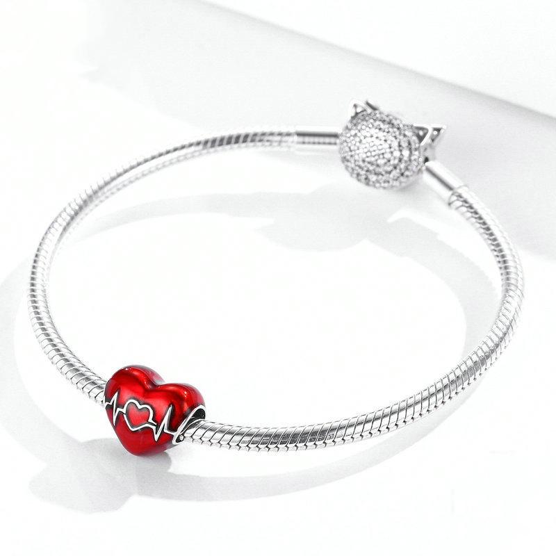 925 Sterling Silver Love Heartbeat Red Heart Pendant For Diy Bracelets & Necklaces 5