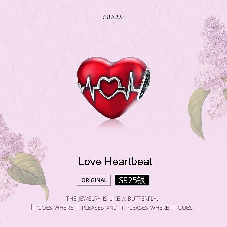 925 Sterling Silver Love Heartbeat Red Heart Pendant For Diy Bracelets & Necklaces 6