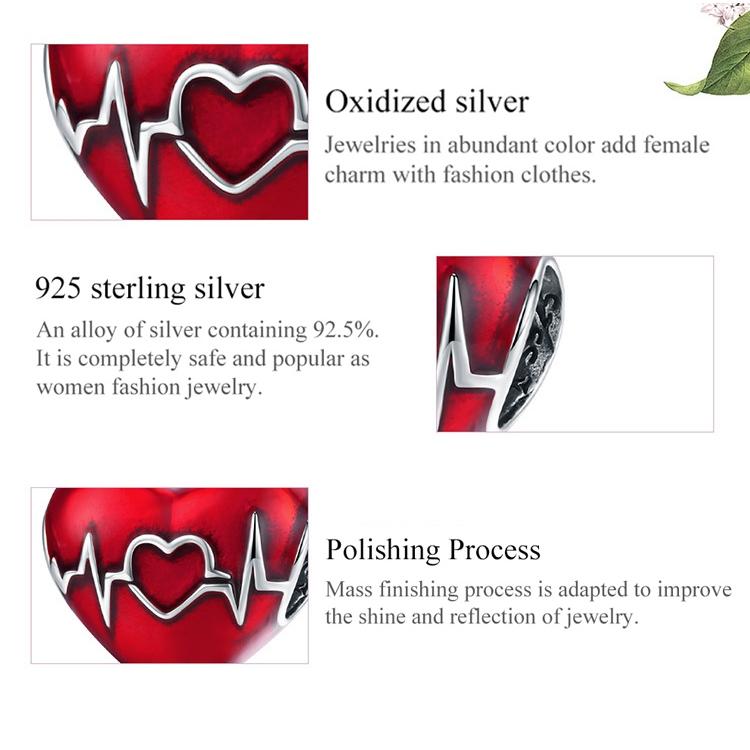 925 Sterling Silver Love Heartbeat Red Heart Pendant For Diy Bracelets & Necklaces 7