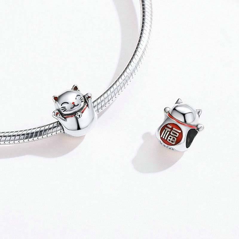 925 Sterling Silver Lucky Cat Beaded Bracelet Diy Accessory 5