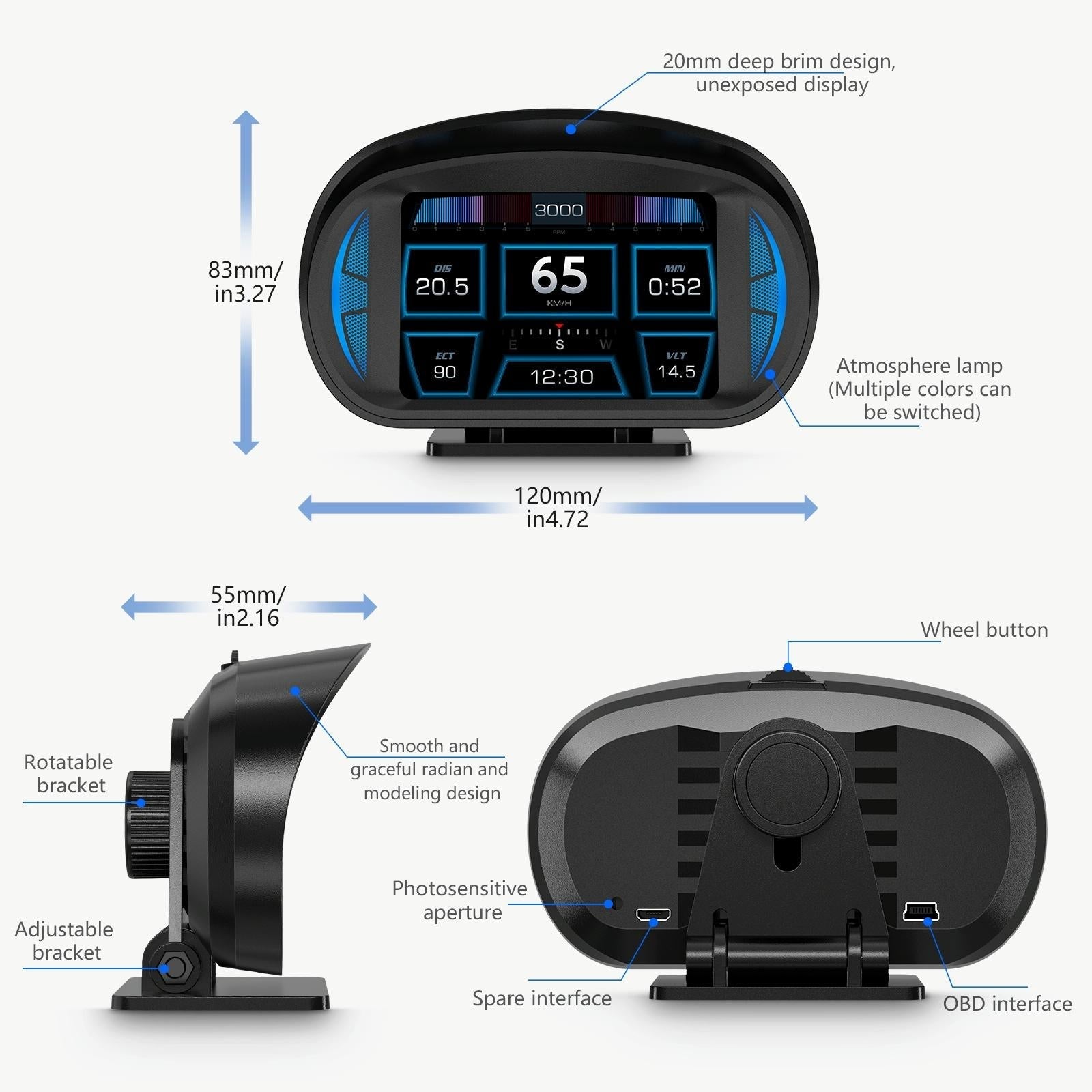 3 Inch Obd Lcd Car Speed Slope Meter Hud Display 3