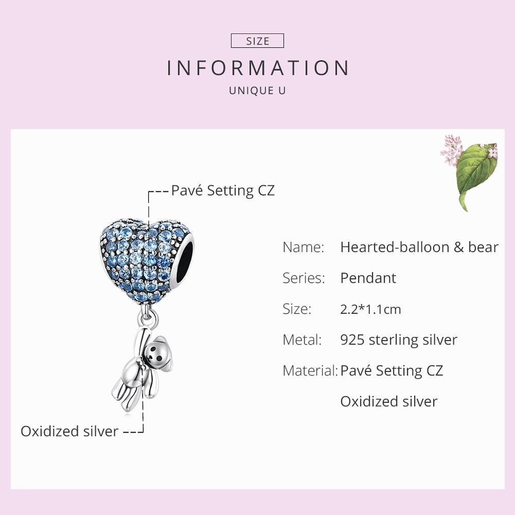 925 Sterling Silver Heart Balloon Bear Pendant For Diy Bracelets & Necklaces 4