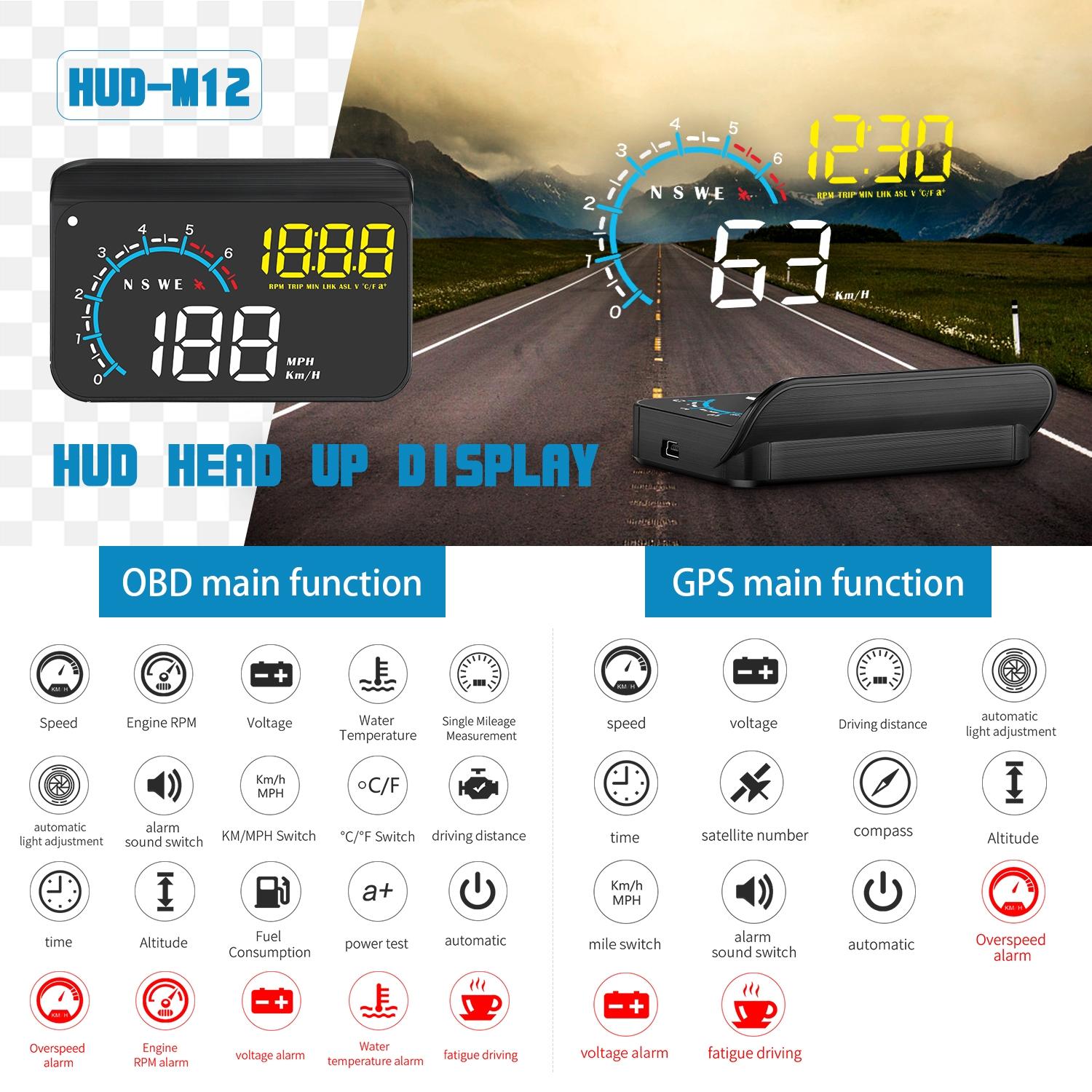Car Hud Display Speed Temp Voltage Fault Obd2 + Gps 10