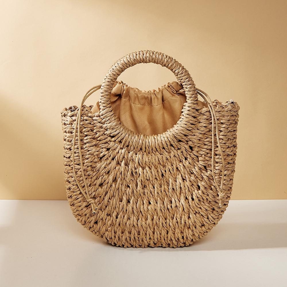 Beige Half Moon Straw Tote Woven Beach Bag - Rose Red 5