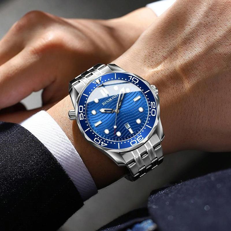 30m Waterproof Men Quartz Watch - Luminous Blue Steel Surface 8
