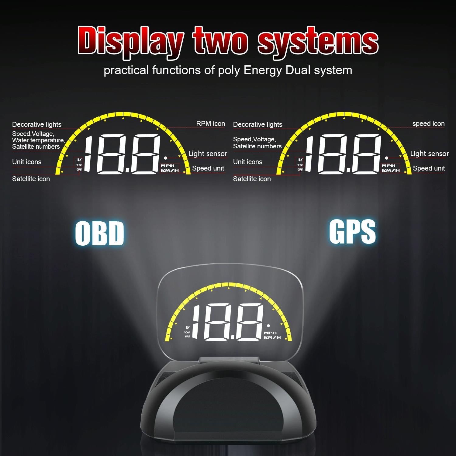 Car Hud Head Up Display With Obd2 & Gps Modes Fault Alarm 7