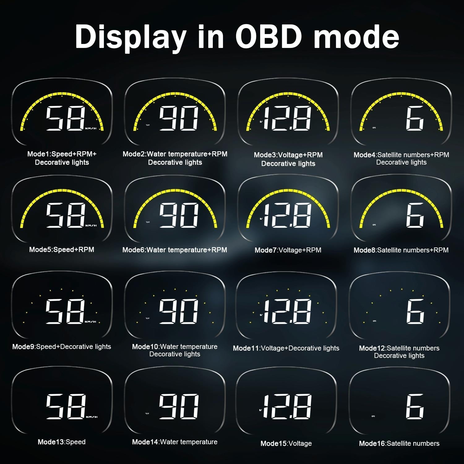 Car Hud Head Up Display With Obd2 & Gps Modes Fault Alarm 11