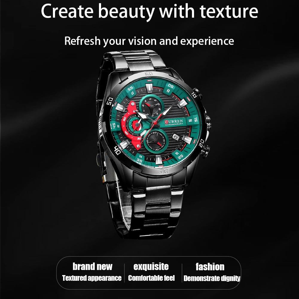 Six-hand Business Quartz Watch with Steel Strap - Calendar - Black Shell Green 4