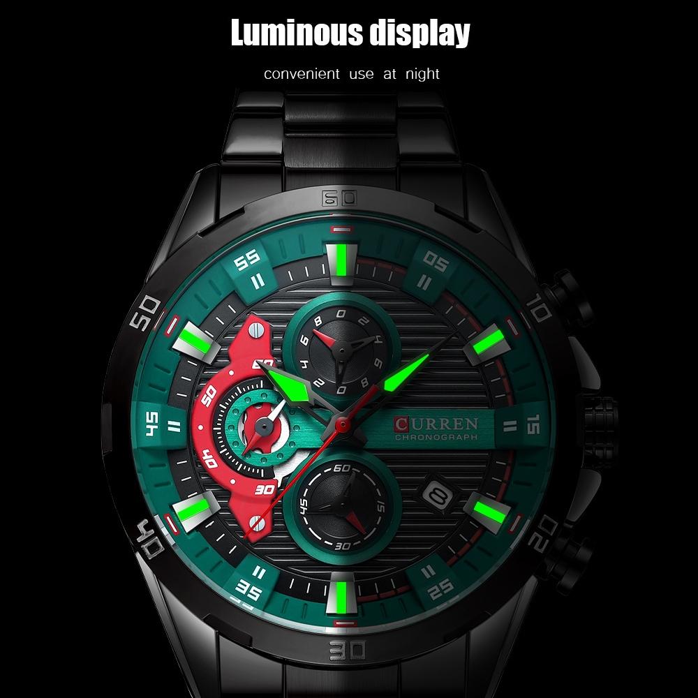 Six-hand Business Quartz Watch with Steel Strap - Calendar - Black Shell Green 8