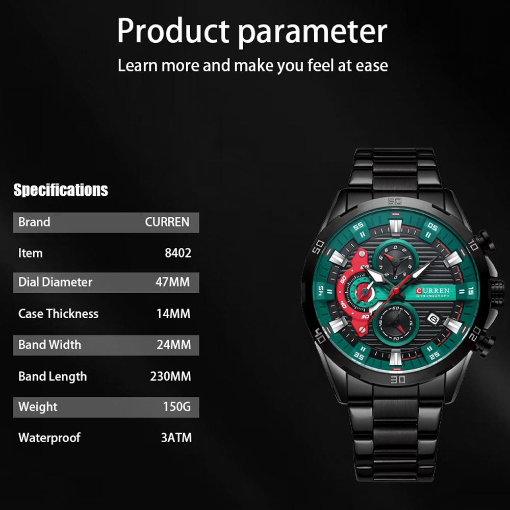 Six-hand Business Quartz Watch with Steel Strap - Calendar - Black Shell Green 10