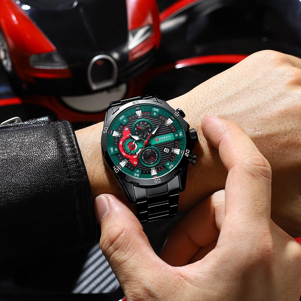 Six-hand Business Quartz Watch with Steel Strap - Calendar - Black Shell Green 11