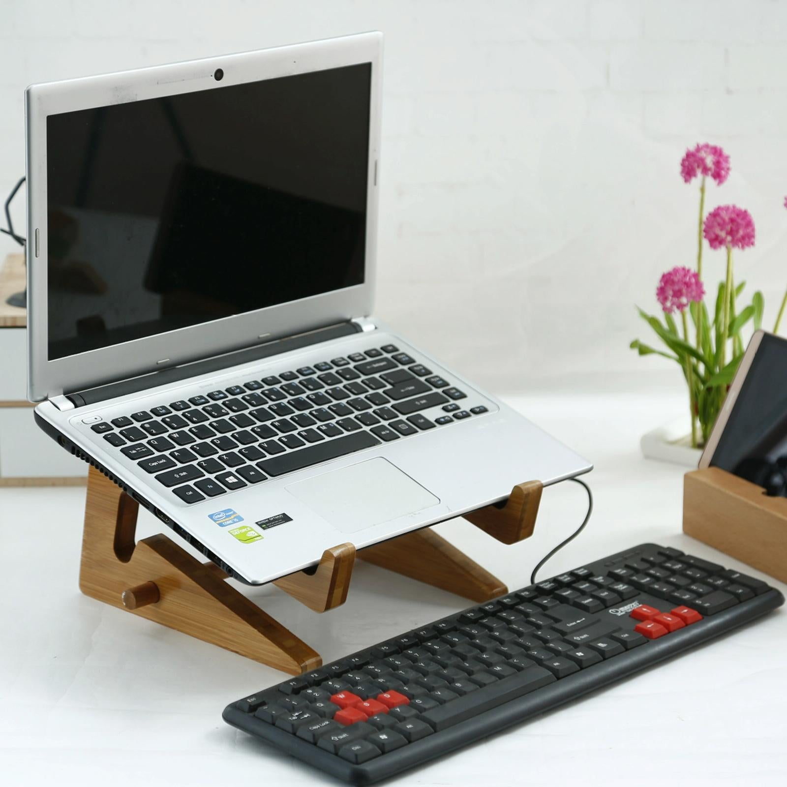 Bamboo Wood Desktop Storage Rack for Computers and Tablets 8