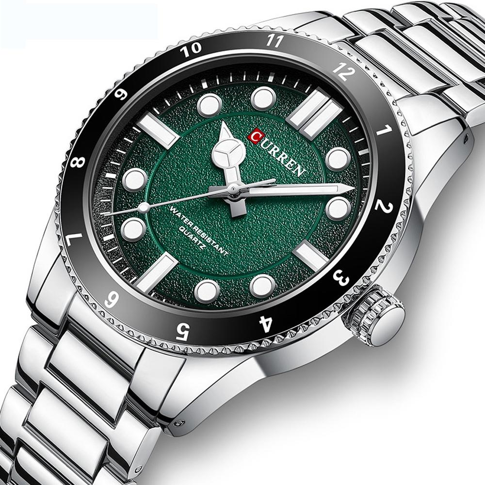 Men Steel Strap Business Quartz Watch - Sporty Design - White Shell Green 11