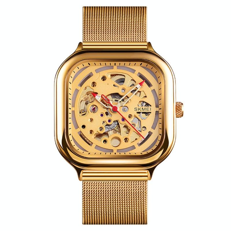 Men Automatic Tourbillon Watch with Hollow Square Mesh - Gold