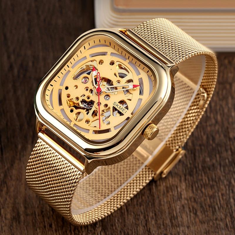 Men Automatic Tourbillon Watch with Hollow Square Mesh - Gold 4