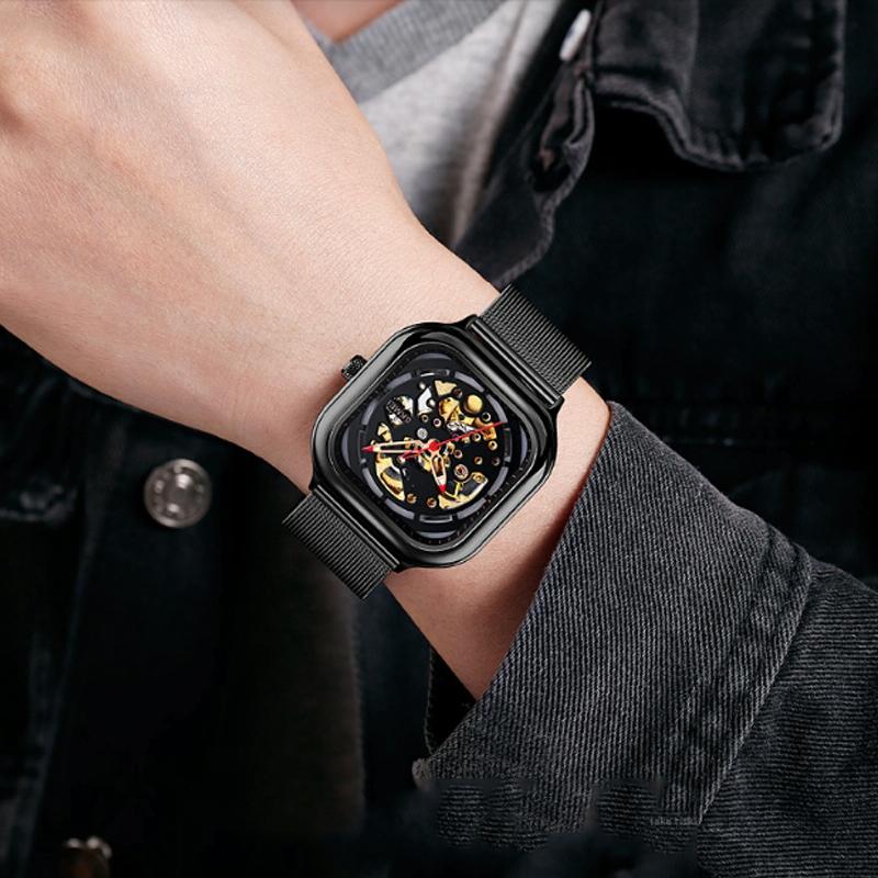 Men Automatic Tourbillon Watch with Hollow Square Mesh - Gold 9