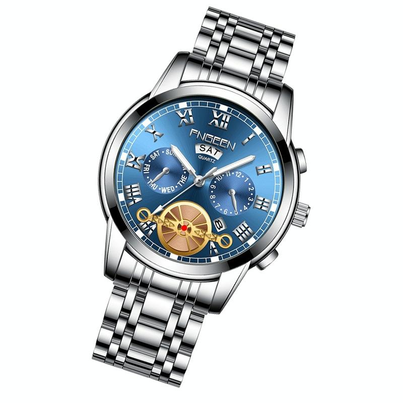 Men Multi-function Quartz Watch with Blue Dial and White Steel Band 3