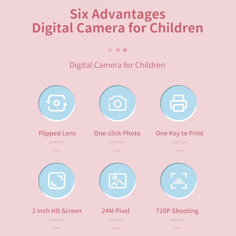 32g Pink Cartoon Kids Camera with Rotating Lens - A18 Hd 7